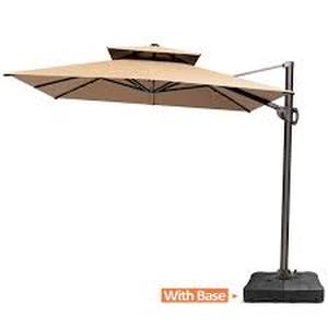 lot 35 image: Pellebant 11.5 ft. x 9 ft. Aluminum Cantilever Offset 360° Swivel Tilt Patio Umbrella in Tan with 260 lbs. Umbrella Stand  Customer Returns See Pictures
