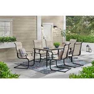 lot 51 image: Hampton Bay Glenridge Falls 7-Piece Metal Padded Sling Rectangular Outdoor Dining Set in Putty Beige    Customer Returns See Pictures