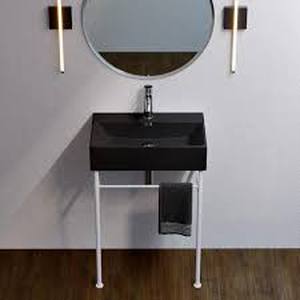 lot 53 image: Claire 24 in. Ceramic Matte Black Console Sink Basin Black Legs by Swiss Madison   Customer Returns See Pictures