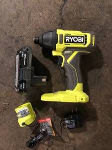 lot 10 image: RYOBI ONE 18V Cordless 38 in. DrillDriver Kit with 1.5 Ah Battery and Charger   Customer Returns See Pictures
