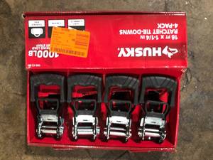 lot 13 image: Husky 16 ft. 1.25 in. Ratchet Tie-Down Straps with S-Hook (4-Pack)  Customer Returns See Pictures