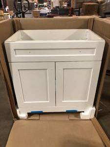 lot 46 image: Glacier Bay Everdean 31 in. Single Sink White Bath Vanity  (Sink Not Included) Customer Returns See Pictures