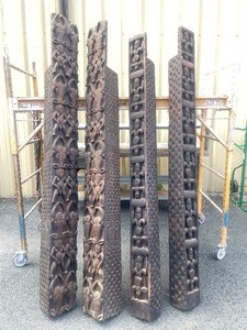 lot 1 image: Matching Set of 4 LARGE Relief Carved Bamileke House  Building Posts