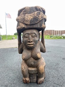 lot 6 image: Large Early Expertly Carved Ceremonial Bowl wSeated Female Figure 