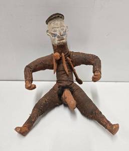 lot 29 image: Male Fertility Doll Figure wExaggerated Features - Animal Hide & Carved Wood