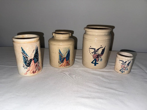 lot 12 image: Set of 4 Patriotic Antique English Ironstone Jars with Eagle and Flag Motifs