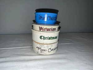 lot 13 image: Set of 4 Vintage Christmas-Themed Ironstone and Blue Milk Glass Containers