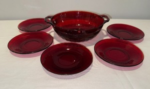 lot 18 image: Ruby Red Depression Glass Serving Bowl with 5 Matching Plates