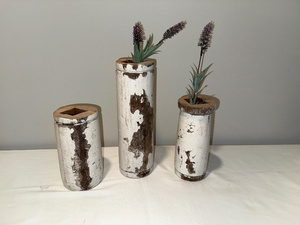 lot 30 image: Set of 3 Rustic Architectural Salvage White Wooden Vases