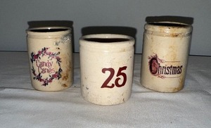 lot 31 image: Set of 3 Vintage English Ironstone Christmas Crocks - Candy Canes, 25, Christmas
