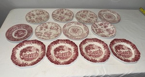 lot 33 image: Vintage Red and White Stamped Transferware Plate Collection, 12 Pieces