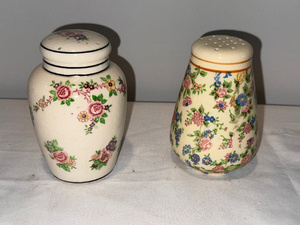 lot 36 image: Vintage Floral Japanese Ceramic Salt Shaker and Jar Set