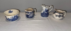 lot 42 image: French Ironstone Stamped Blue and White Ceramic Jug and Bowl Collection