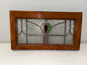 lot 47 image: Vintage English Stained Glass Window with Wooden Frame