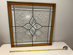 lot 48 image: Vintage Signed Stained Glass Window Panel with Floral Motif