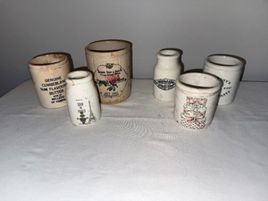 lot 52 image: Antique English Collection of 6 Ironstone Jars - Branded & Decorative Designs