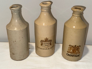 lot 56 image: Antique English Stoneware Champagne Bottles Lot of 3 - Unique Branding