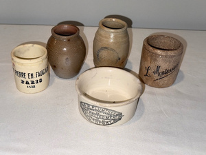 lot 57 image: Antique European Ceramic Pots Collection - 5 Assorted Pieces with Distinct Markings