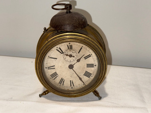 lot 65 image: Antique French Brass Alarm Clock with Roman Numerals