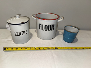 lot 70 image: Vintage French Enamelware Set Lentils Jar, Flour Pot, & Blue Cup