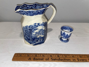 lot 103 image: Blue & White English Ironstone Pitcher and Egg Cup Set with Scenic Design