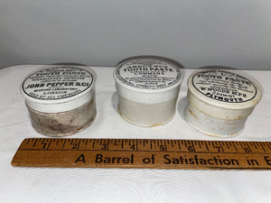 lot 109 image: Set of 3 Antique English Advertising Ironstone&nbspAreca Nut Toothpaste Jars - John Pepper, Commans, Woods