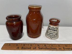 lot 114 image: Antique Stoneware English Advertising Pottery Dairy Jars Lot - Express, Shepherds, Barrett
