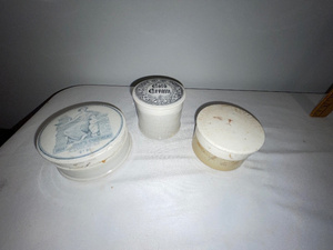lot 120 image: Antique English Advertising Ironstone&nbspCeramic Cold Cream & Holloways Ointment Containers Lot of 3