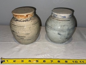 lot 124 image: Pair of Antique 1800s English Ginger Spice Jars with Lids - Rustic Crackle Glaze