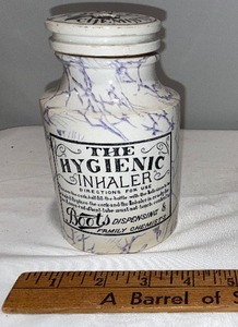 lot 147 image: Antique English Advertising Ironstone Boots Hygienic Inhaler with Original Cork and Glass Tubes