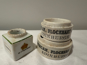 lot 97 image: Antique English Advertising Schweppes Ink Jar & Duncan Flockhart Ironstone Ointment Pots Set