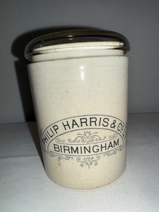 lot 148 image: Antique English Advertising Ironstone Philip Harris & Co. Jar with Glass Lid - Birmingham