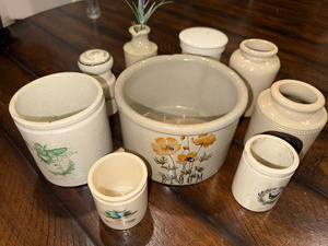 lot 164 image: Lot of 9 Decorative Antique English Ironstone Crocks and Jars with Nature Motifs
