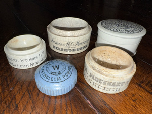 lot 165 image: Antique English Advertising Ironstone&nbspCold Cream & Pomade Jars Collection