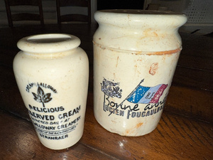 lot 180 image: Antique English Advertising Galloway Creamery & Lucien Foucauld Ironstone Jars