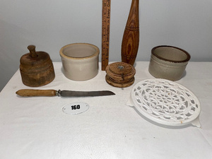 lot 183 image: Assorted Vintage Kitchen & Decor Lot Butter Mold, Crocks, Knife & More