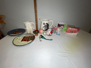 lot 184 image: Holiday Decor Lot Santa Pitchers, Christmas Plates & Ornaments