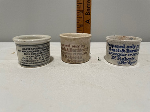 lot 185 image: Set of 3 Antique English Advertising Ceramic Ointment Pots - Clarkes & Beach & Barnicott