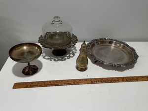 lot 187 image: Vintage Silver & Brass Tableware Collection with Glass Dome