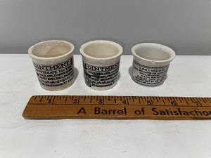lot 188 image: Set of 3 Antique English Advertising Ironstone Ointment Pots - Clarkes & Ointment