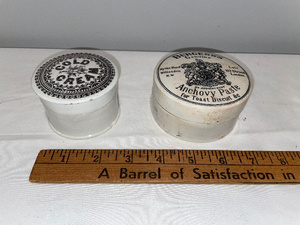lot 191 image: Antique English Advertising Ironstone Cold Cream & Burgesss Anchovy Paste Containers