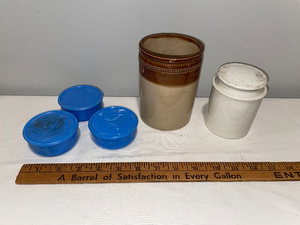 lot 193 image: Vintage Ceramic Crock & Jar with 3 Small Blue Milk Glass Containers