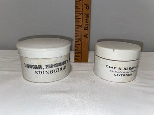 lot 194 image: Antique English Advertising Ironstone&nbspOintment Jars - Duncan & Flockhart, Clay & Abraham