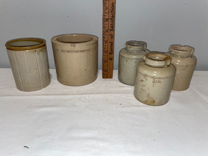 lot 199 image: Antique English Stoneware & Ceramic Jar Collection - Set of 5 Rustic Containers