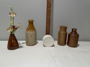 lot 202 image: Lot of 5 Antique English Advertising Stoneware Bottles with S. Dean & Co. and Needhams