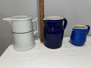 lot 208 image: Set of 3 Ironstone Ceramic Pitchers - Vintage White & French Blue