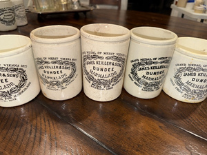 lot 212 image: Set of 5 Antique English Ironstone James Keiller & Sons Dundee Marmalade Pots