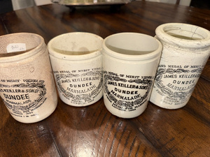 lot 214 image: Set of 4 Antique English Ironstone James Keiller & Sons Dundee Marmalade Pots