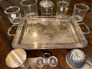 lot 215 image: Vintage Ornate Silver Tray with French Glass Jars, Metal Cup & Condiment Holder