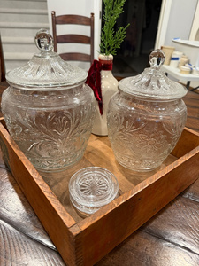 lot 218 image: Set of 2 Vintage Style Embossed Glass Jars with Lids